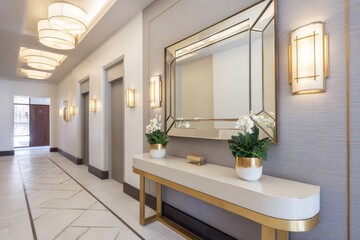Modern neodeco entryway featuring geometric mirror, elegant lighting fixtures, and decorative plants in a well-designed hallway with elevator doors and polished flooring