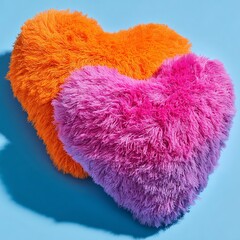 Colorful fluffy heart pillows on blue background  
