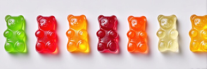 Colorful gummy bear candies arranged in a row on a white background, showcasing vibrant hues of green, red, orange, and yellow in a playful display