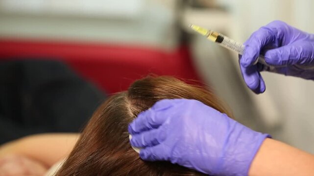 Close up of a doctor performing mesotherapy injection into the scalp of a patient. This medical treatment uses vitamins to stop hair loss and stimulate new growth.

