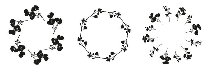 Fototapeta premium Set of cute round frames with black hand drawn canola rapeseed flower silhouettes isolated on white background.