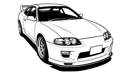 Modern sports car front perspective, aerodynamic performance vehicle line art