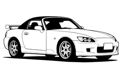 Performance convertible sports car illustration, classic roadster line art design