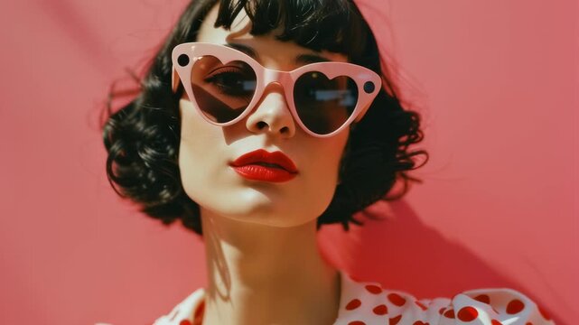 Woman in heart-shaped pink sunglasses and red lipstick. Retro fashion portrait with polka dots against a vibrant pink background. Bold summer style