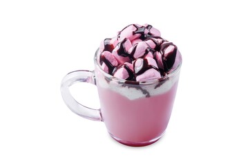 Red velvet hot cocoa drink with marshmallow topping on a white isolated background