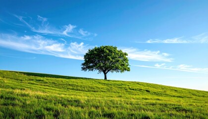 Obraz premium Lone Tree on Green Hill Under Blue Sky - A Serene Landscape.