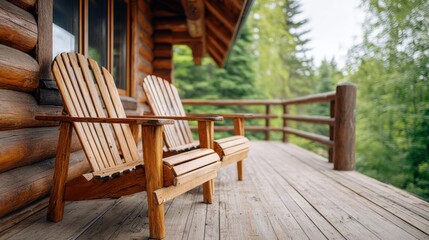 Empty rustic log cabin porch featuring two wooden chairs, surrounded by lush greenery and trees, showcasing a tranquil outdoor setting for relaxation and leisure