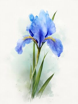 Blue Iris Flower Watercolor Botanical Illustration with Soft Background Wash