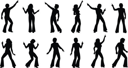 Disco dancing poses. Men and women in 1970s style attire flared trousers energetic dance stances. 