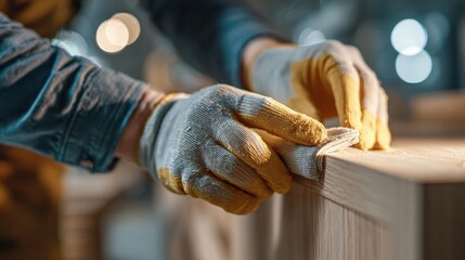 Close-Up of Gloved Hands Wiping Adhesive from Cabinet Joints in Workshop