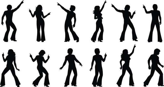 Disco dancing poses. Men and women in 1970s style attire flared trousers energetic dance stances. 
