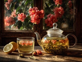 Glass teapot with herbal tea and lemon by window with flowers  