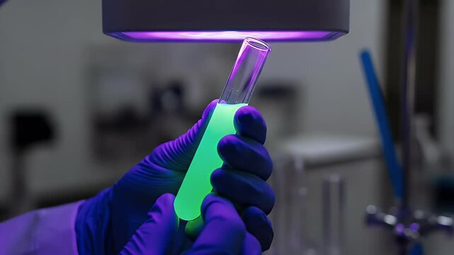 A gloved hand holds a glowing green liquid in a test tube under ultraviolet light in a laboratory setting.