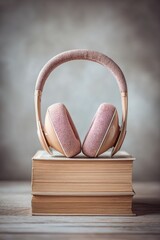 Pink headphones resting on stack of books with soft background  