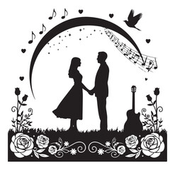 Loving Couple Silhouette Holding Hands in Garden with Guitar and Music Notes