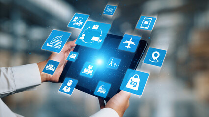 Obraz premium Logistics icons illustrate delivery, supply chain, warehouse, and shipping. Logistics connects global trade, logistics optimizes transport, and logistics supports inventory tracking. Gist