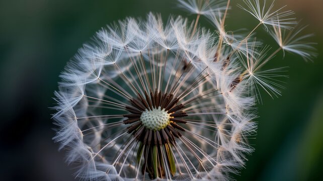 Detailed close-up macro shot of delicate white dandelion seeds achenes being blown away by the wind, representing wishes, change, and nature