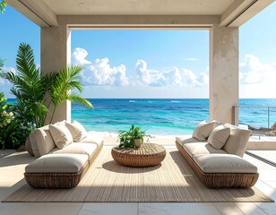 Seaview outdoor lounge with woven sofas, round table, rug, and lush green plants overlooking a sunny ocean horizon