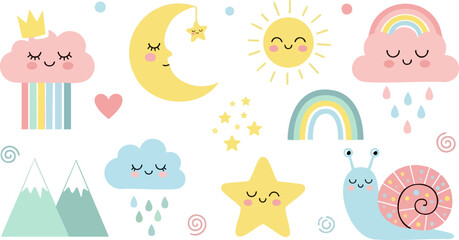 Collection of cute pixelated dreamy weather icons including clouds rainbows sun moon stars mountains and a snail on white background © arif