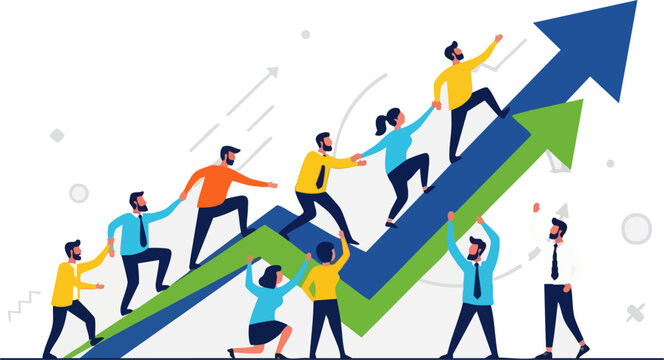 Business teamwork metaphorically climbing a steep upward trending arrow symbolizing company growth and success on white background