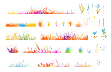 Fototapeta premium Set of horizontal banners of meadow colored silhouettes with grass. hand drawn. Not AI, Vector illustration