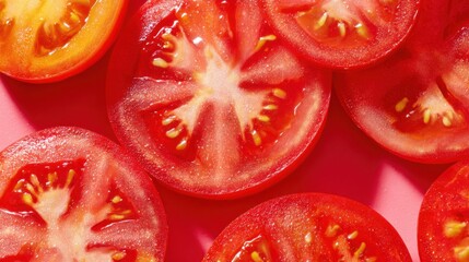 Abstract food background featuring overlapping slices of ripe tomatoes on a vibrant pink surface, showcasing their juicy texture and seeds for culinary or design use