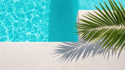 Minimalist swimming pool corner with turquoise water and a palm leaf casting a shadow on the light-colored concrete surface, creating a serene outdoor setting