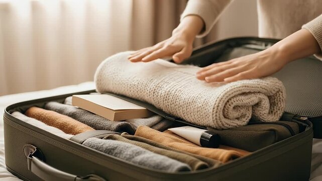 Person's hands carefully packing a suitcase with clothes, a rolled blanket, and a book, preparing for a trip.