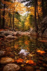 Autumn forest landscape with colorful leaves reflecting in water  