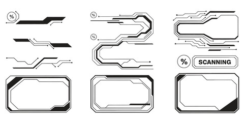 Futuristic HUD frame elements set, sci fi user interface borders panels and scanning display shapes for technology dashboard game and digital screen design. © Kayla Quentin