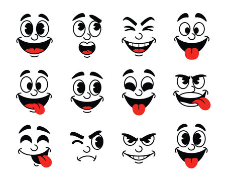 Funny cartoon face expressions set, playful comic emoji style character emotions with smiling laughing winking angry and silly faces for sticker animation and kids design.