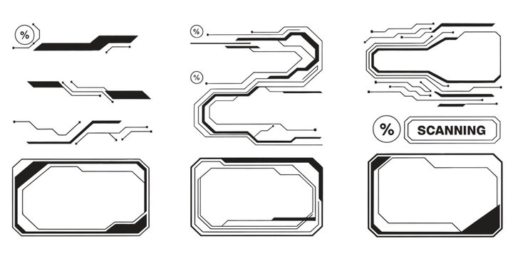 Futuristic HUD frame elements set, sci fi user interface borders panels and scanning display shapes for technology dashboard game and digital screen design.