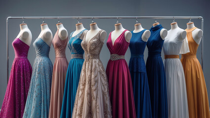 Collection of colorful elegant evening gowns and formal dresses on mannequins