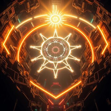 A celestial mandorla crafted from fractured neon light illuminates a dark, high-angle, cyberpunk abyss ,  divine,  abstract