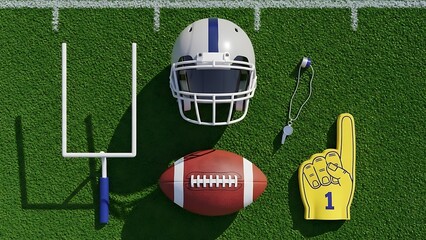 Overhead shot of football field with equipment, showing helmet, ball, and fan gear