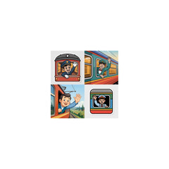 Young boy waving from cartoon train window in colorful landscape  