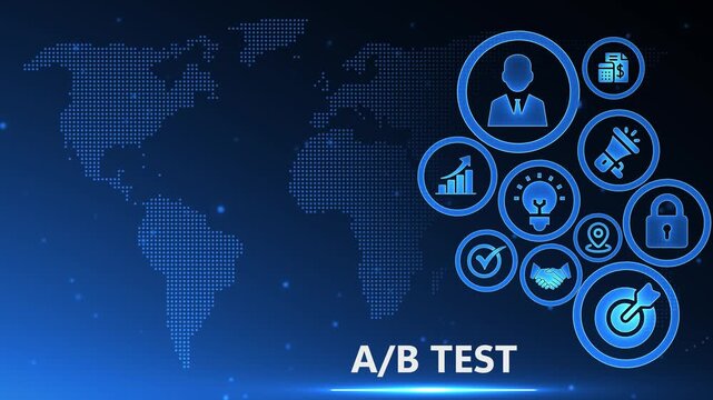 A/B Test Concept: Business Growth Icons Circled on Digital World Map Background, Data Analysis & Strategy