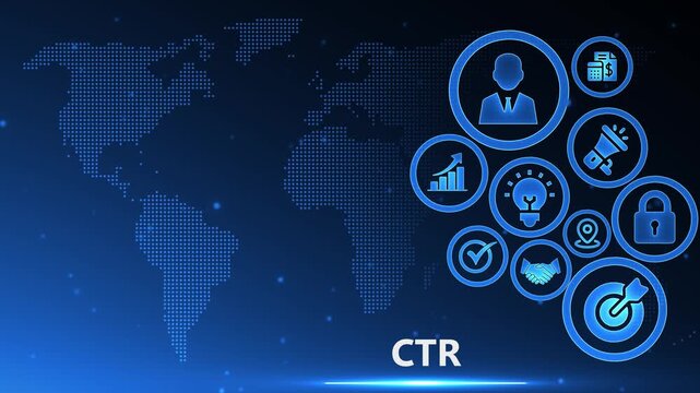 Digital Marketing CTR Icons Grouped on World Map Background, Business Strategy and Online Advertising Concept