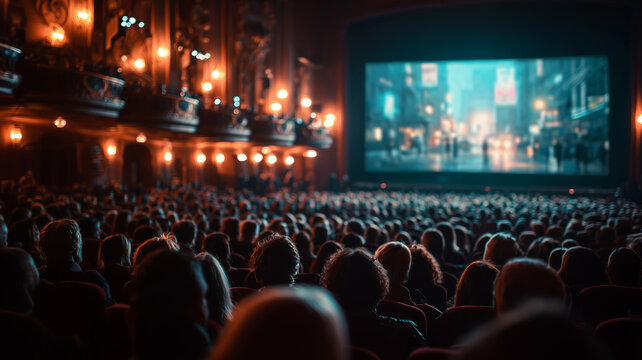 Crowd captivated by the cinema screen in a grand theater