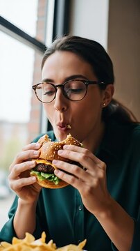 A woman with glasses takes a bite of a delicious burger.