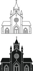 Fototapeta premium Gothic church building line and silhouette illustration set with cathedral architecture, black and white vector design for religion, landmark and logo use