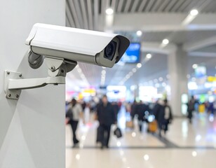 Security camera on a white wall overlooking a blurred, busy airport terminal with crowds of people passing by
