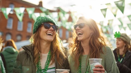 Friends walk through busy St. Patrick’s Day celebration street, holding festive cups and wearing green outfits. Colorful bunting, lively crowd, and cheerful outdoor party