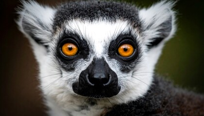 Obraz premium Ring-tailed lemur with striking orange eyes stares intently at viewer, framed by black and white fur