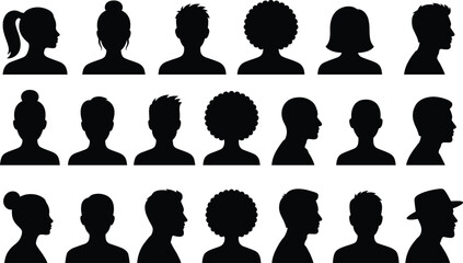 People profile silhouette icons set diverse male female hairstyles side view avatars minimal black vector illustration isolated white background © Creative Soul