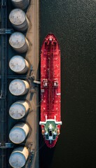 Fototapeta premium Aerial View of Red Hull Tanker Unloading at Coastal Energy Terminal