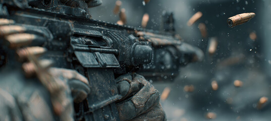 Fototapeta premium Modern Infantry Gunner Firing Automatic Weapon in Cinematic Tension
