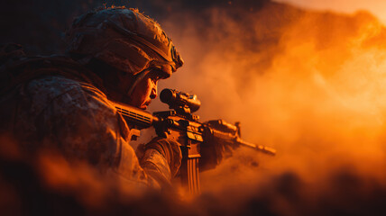 Fototapeta premium Machine Gunner Firing Amidst Golden-Hour Smoke with Cinematic Lighting