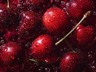 Fresh cherries submerged in water with bubbles and droplets  
