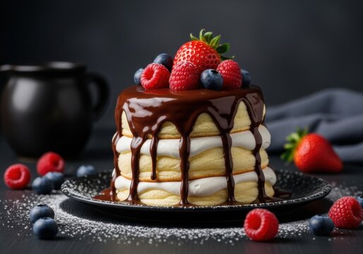 Fluffy souffl&eacute; pancake stack with rich dripping chocolate sauce, fresh berries and cream layers, gourmet dessert food photography on dark background
